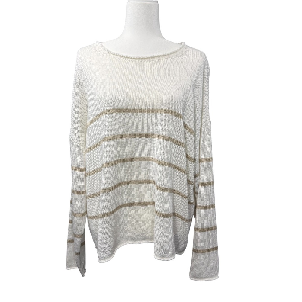 NWT Haven Well Within Striped Sweater Womens XL White Tan Linen Blend Beach